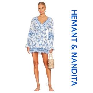HEMANT & NANDITA Cobalt Blue & White Long Sleeve Mini Dress, Size S.